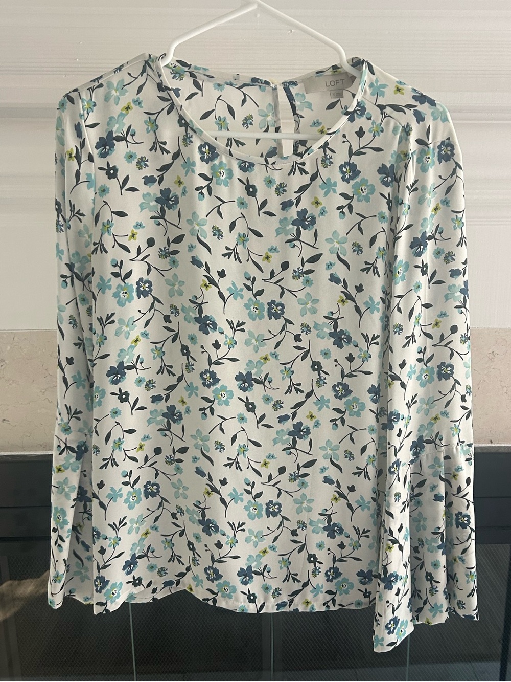 LOFT White Long-Sleeve Floral Top with Blue Print